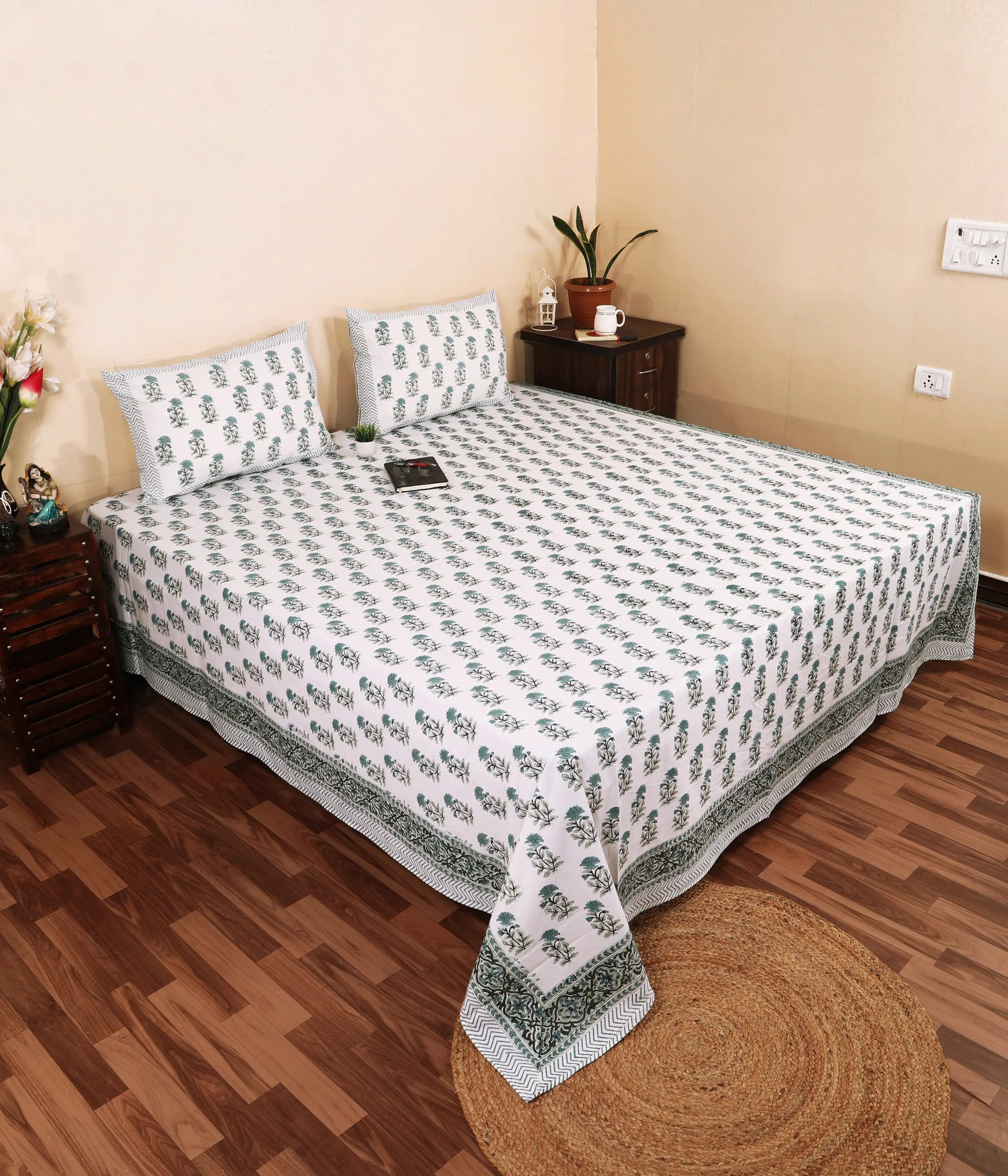 Hotel room with Sanganeri block print bedsheet