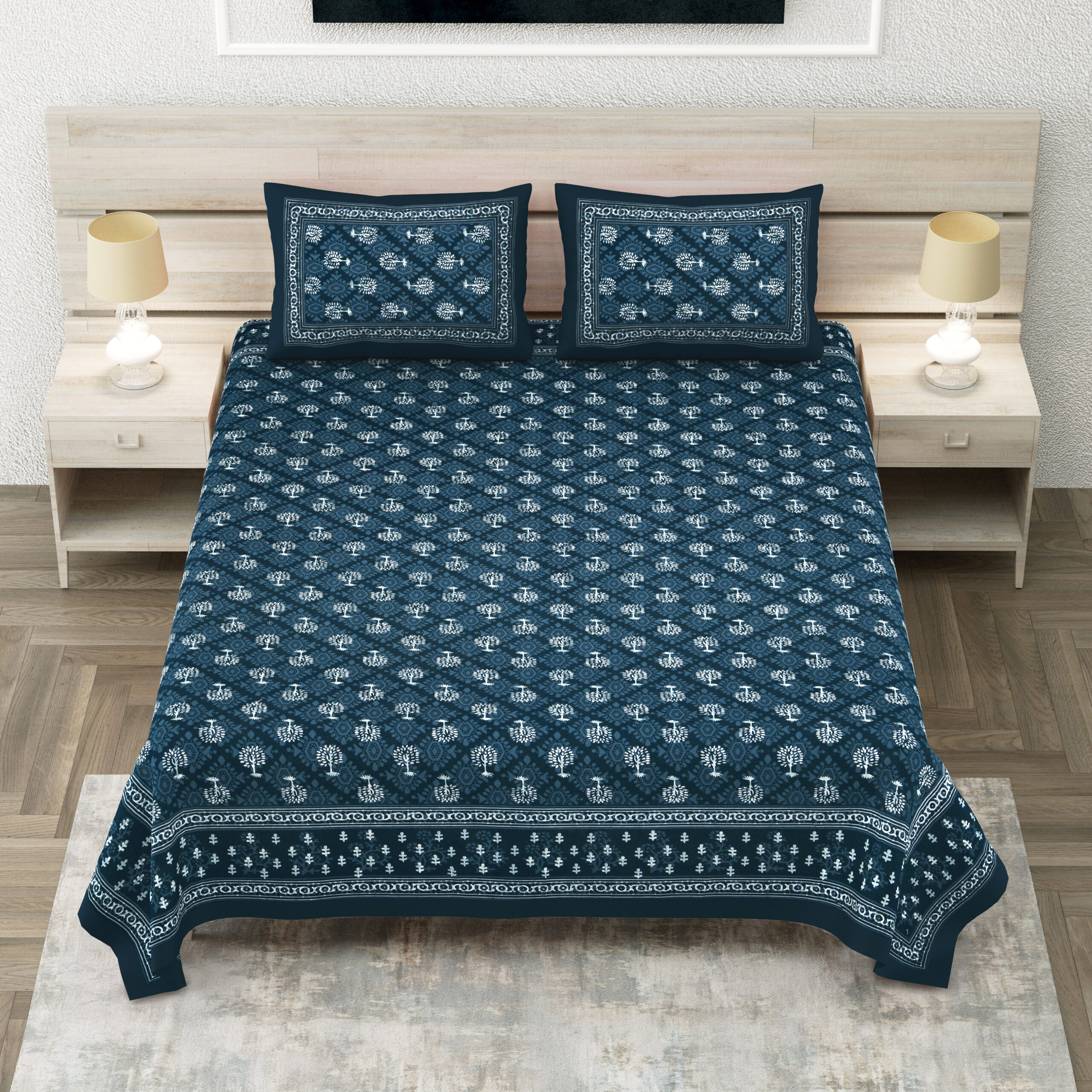 Dabu Screen Printed Indigo Cotton Bedsheet Wholesale — 90x108 inch double bed