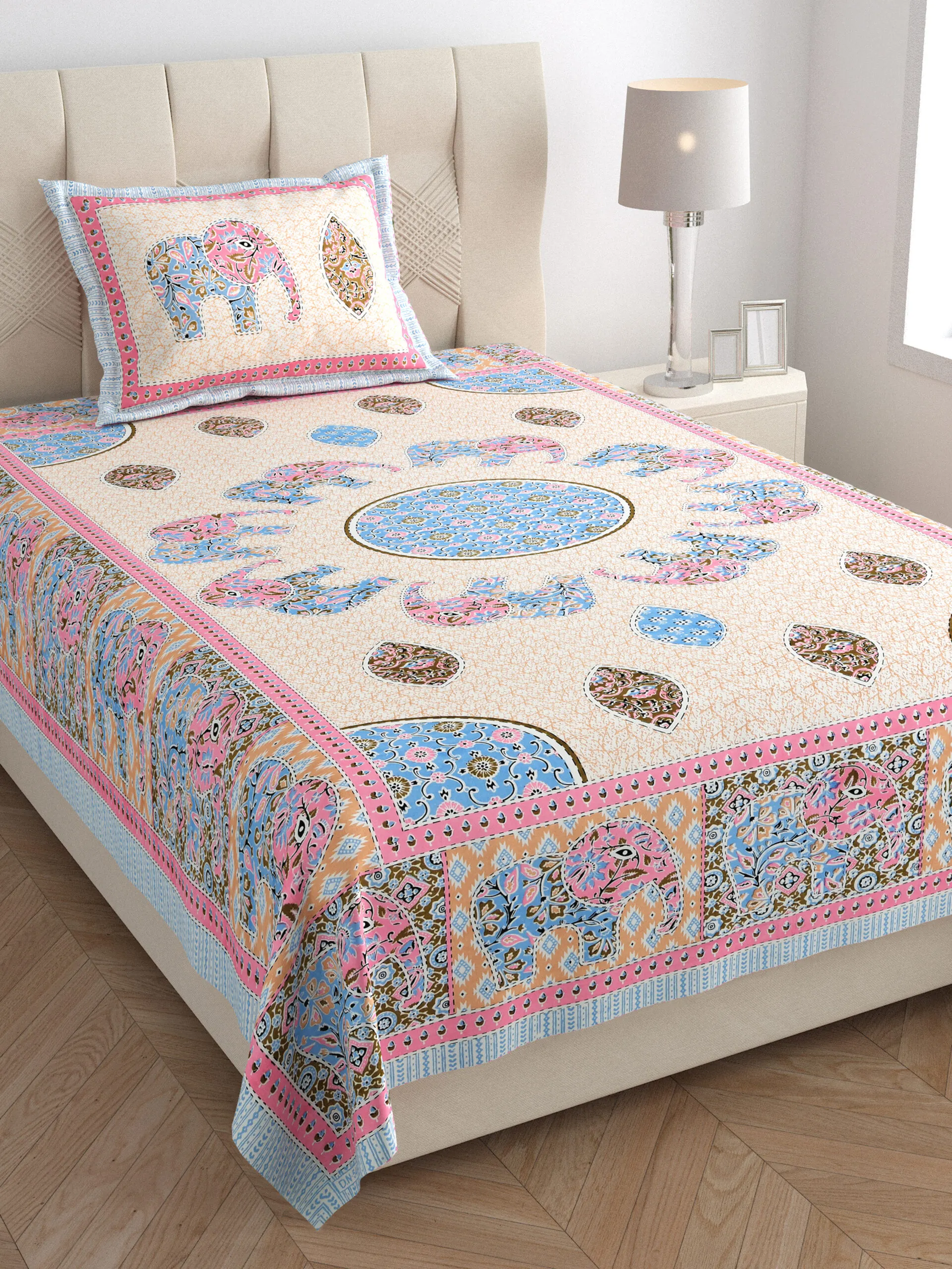 Floral print single bedcovers bulk, Sanganeri motif close-up