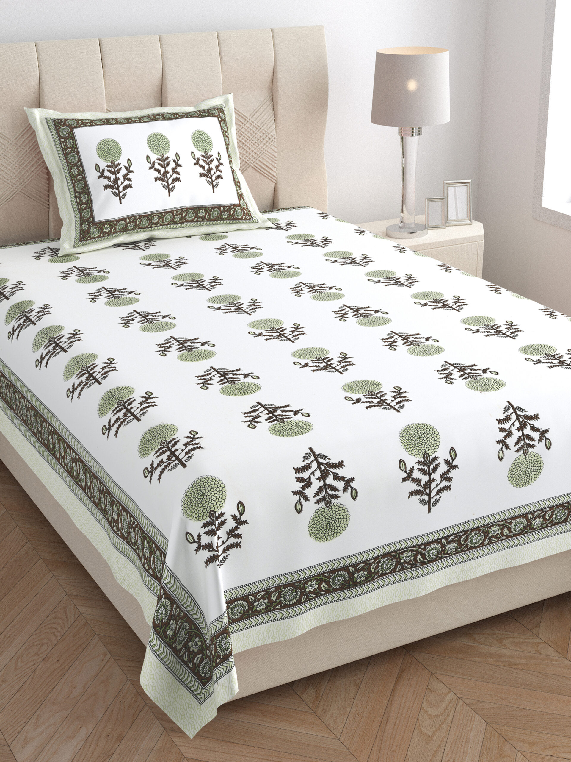 Single bed Sanganeri white base bedsheet wholesale institutional Jaipur