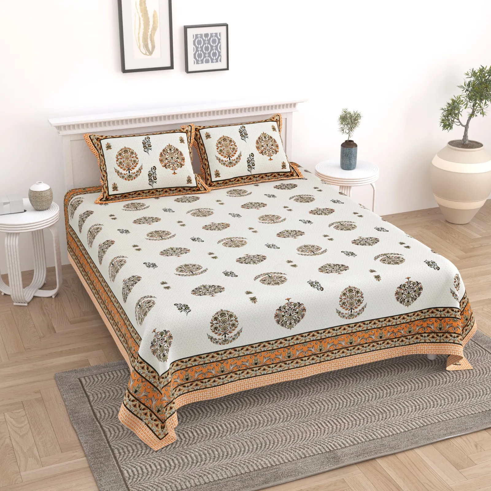 Elite Jaipur Double Bed Bedsheet white base cotton wholesale