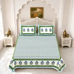 Green tulip double bedsheet 90x108 wholesale Jaipur – Green Tulip Border double bedsheet 90x108 wholesale Jaipur – Gulmohar collection