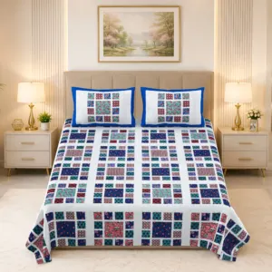 Blue patchwork double bedsheet 100x108 wholesale Jaipur – Neela Chaukadi Patch premium cotton double bedsheet 100x108 with 2 pillow covers – blue and multicolour – Jaipur wholesale