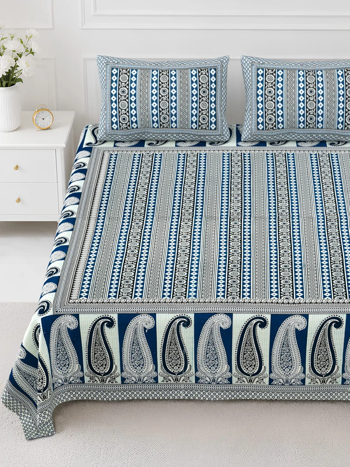 Blue Stripe Paisley printed cotton double bedsheet 90x108 wholesale Jaipur – Rangeela collection – view 2