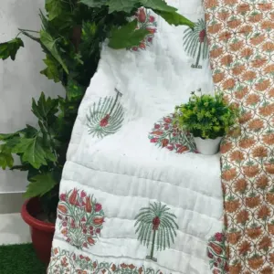 White Coral Palm Jaipuri razai wholesale Jaipur – White Coral Palm Buta mulmul cotton quilt, reversible – Jal Mahal collection