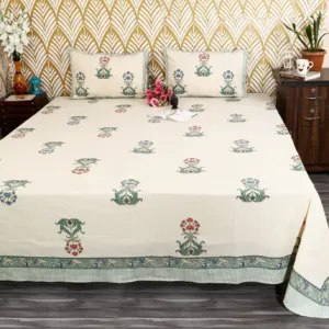 Teal Mughal Floral Block Print Murugan Cotton King Size Bedsheet 108x108 (Amer)