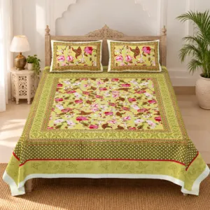 Mehendi Green Gulab Bouquet pure cotton double bedsheet 90x108 wholesale Jaipur