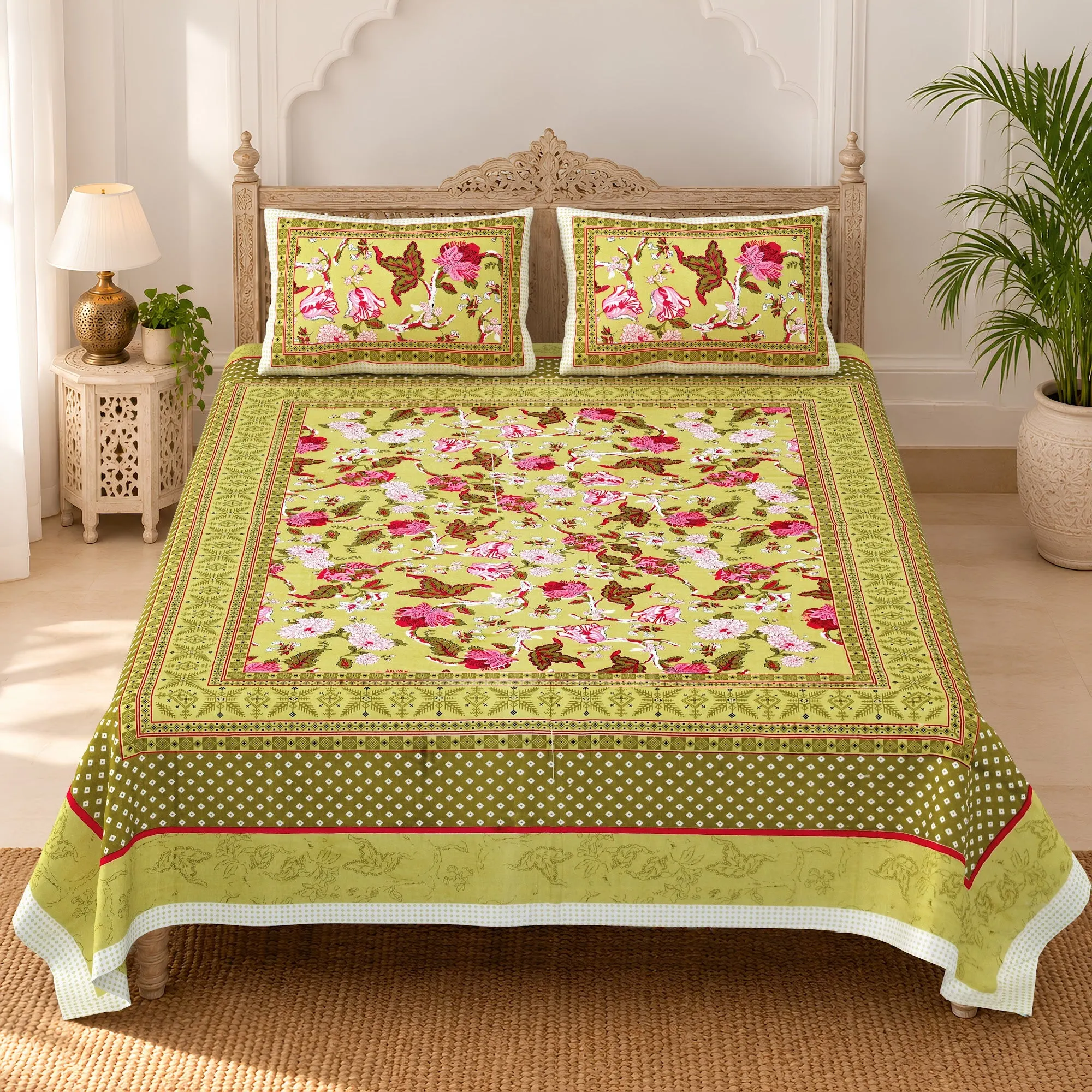 Mehendi Green Gulab Bouquet pure cotton double bedsheet 90x108 wholesale Jaipur