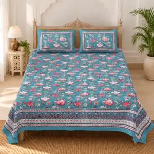 Firozi Gulabi Gulzar pure cotton double bedsheet 90x108 wholesale Jaipur