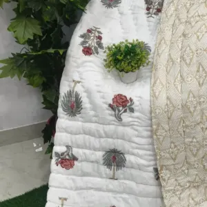 White Tree Buta Jaipuri razai wholesale Jaipur – White Tree Buta Beige Reverse mulmul cotton quilt, reversible – Jal Mahal collection