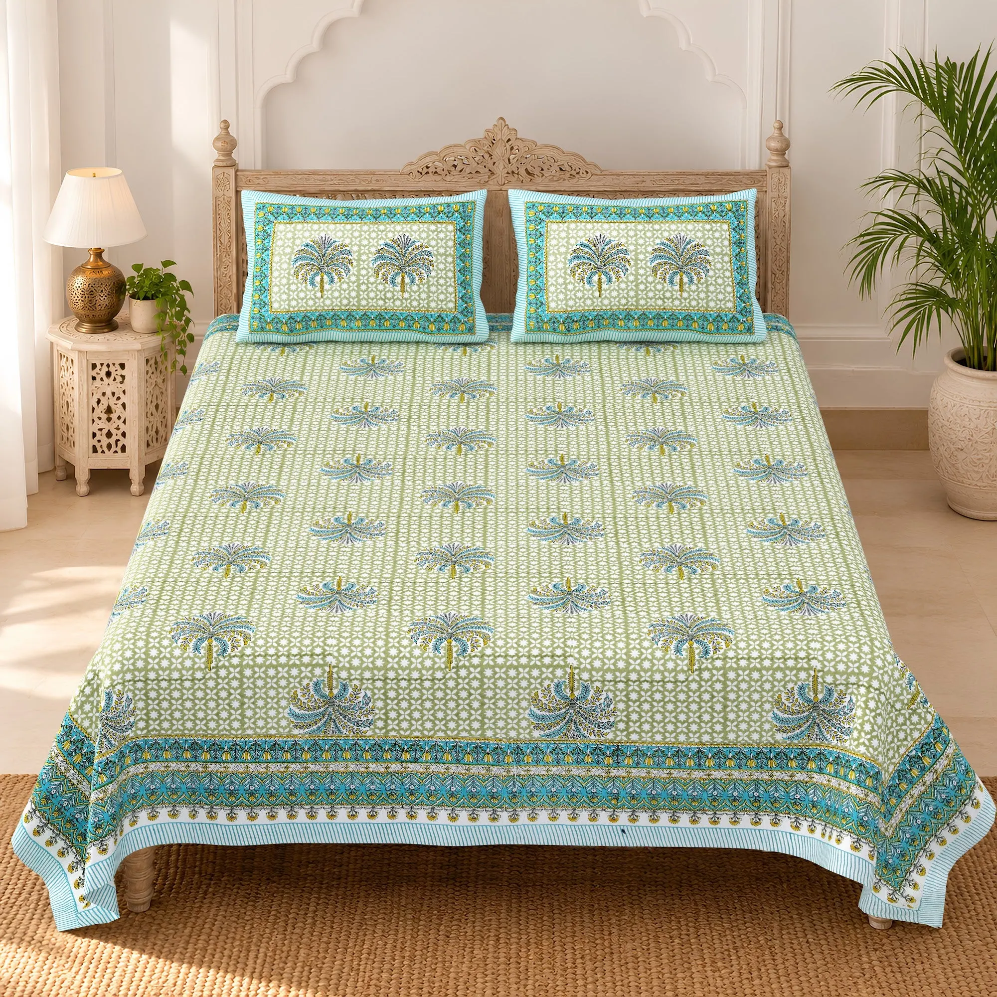 Pudina Khajoor Buta pure cotton double bedsheet 90x108 wholesale Jaipur