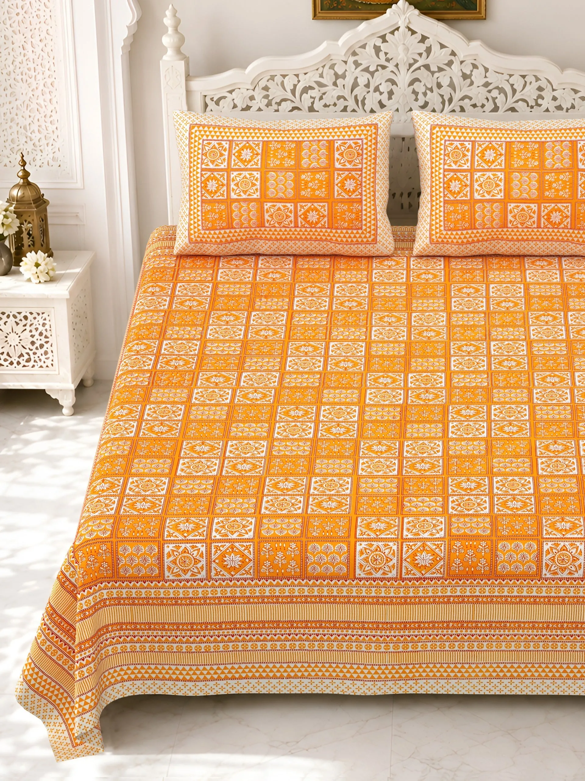 Orange Check double bedsheet 90x108 wholesale Jaipur – Gulmohar collection – view 2