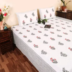 Red buta hand block bedsheet 95x108 wholesale Jaipur – Lal Kali Buta hand block printed double bedsheet 95x108 with 2 pillow covers – red and black – Jaipur wholesale