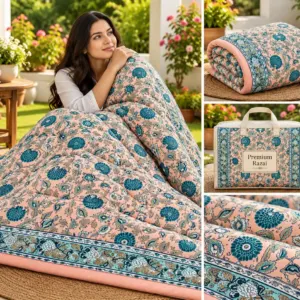 Peach Teal Floral Jaipuri razai wholesale Jaipur – Peach Teal Floral mulmul cotton quilt, reversible – Jal Mahal collection
