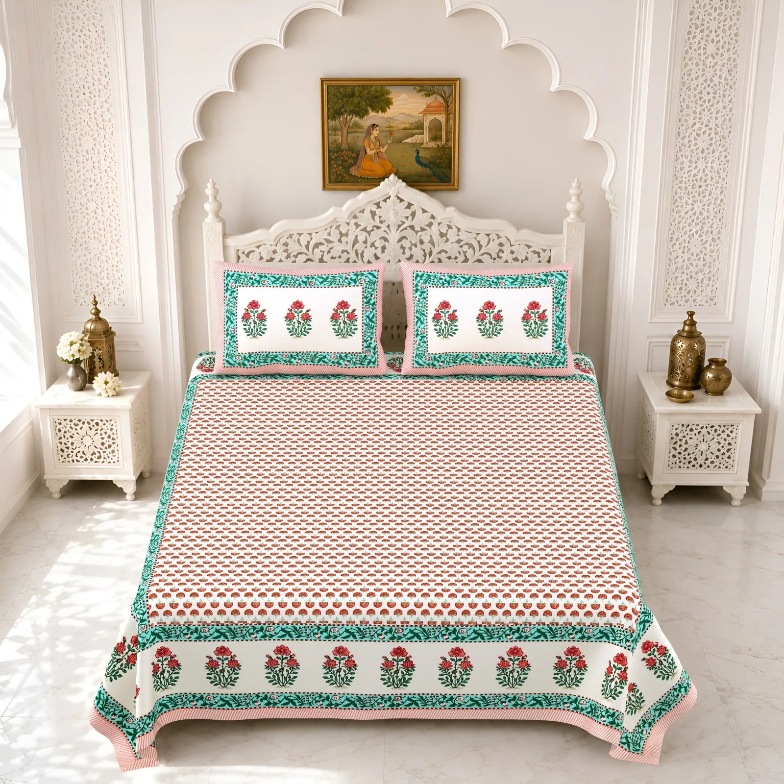 Peach tulip double bedsheet 90x108 wholesale Jaipur – Peach Tulip Border double bedsheet 90x108 wholesale Jaipur – Gulmohar collection