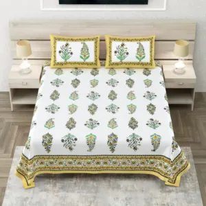Yellow leaf king size bedsheet 108x108 wholesale Jaipur – Yellow Border Leaf Buta king size bedsheet 108x108 wholesale Jaipur – Sheesh Mahal collection