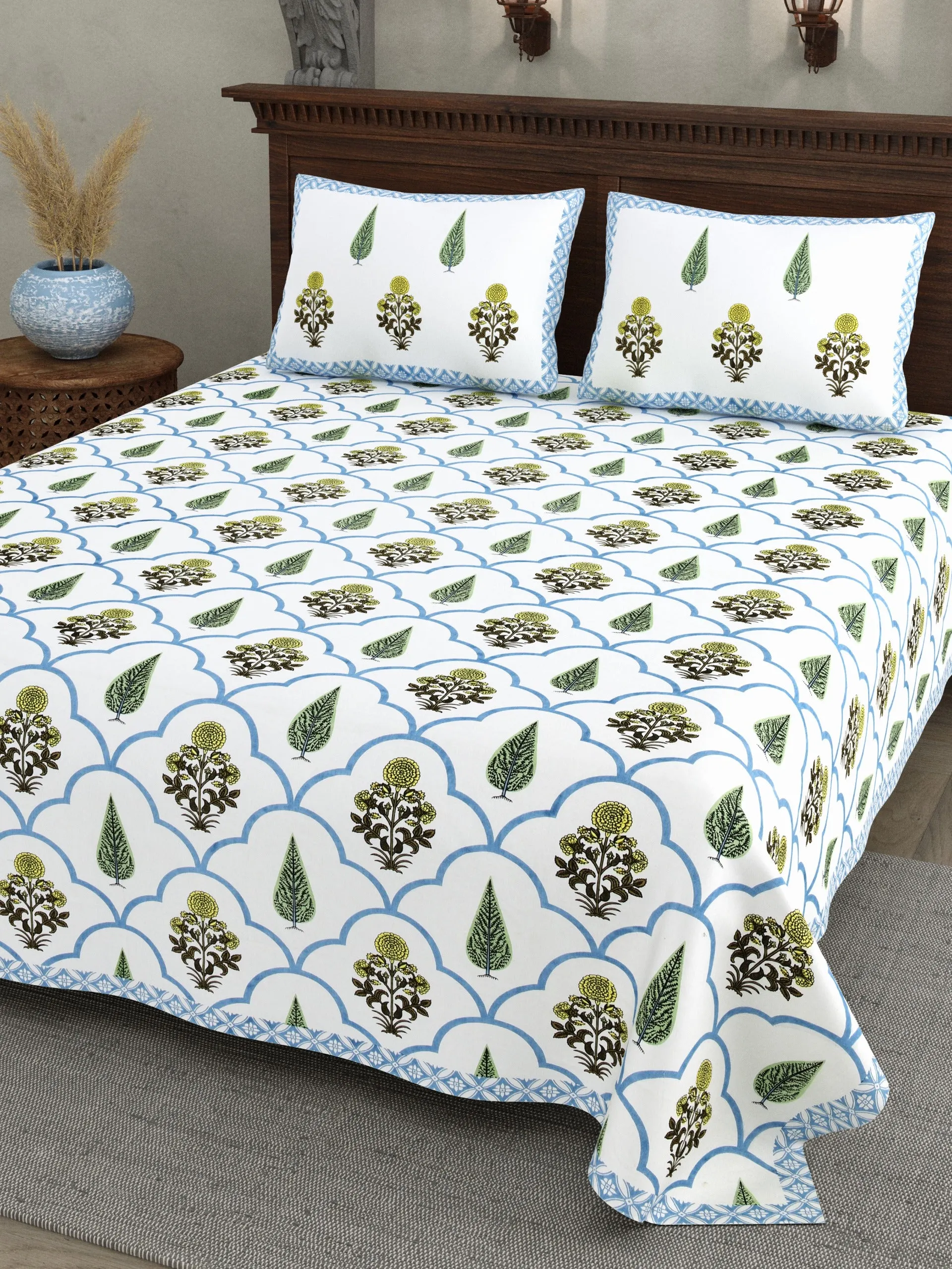 Sky Blue Mughal Trellis printed cotton double bedsheet 90x108 wholesale Jaipur – Rangeela collection – view 2