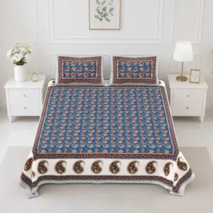 Blue paisley double bedsheet 90x108 wholesale Jaipur – Blue Paisley Border printed cotton double bedsheet 90x108 wholesale Jaipur – Rangeela collection