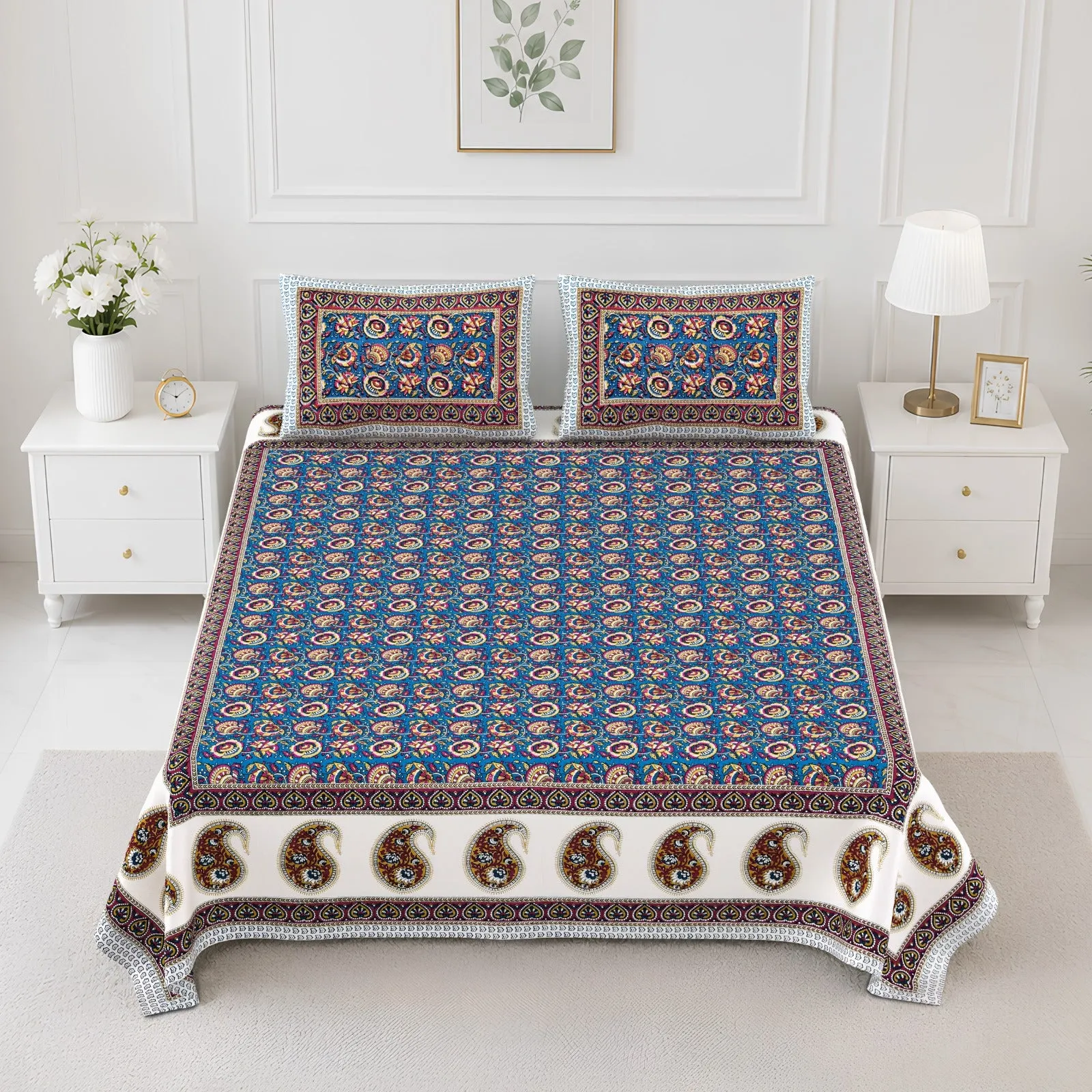 Blue paisley double bedsheet 90x108 wholesale Jaipur – Blue Paisley Border printed cotton double bedsheet 90x108 wholesale Jaipur – Rangeela collection