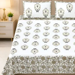 Badami Ambi Border Premium Cotton Double Bedsheet 100x108 with 2 Pillow Covers (Rangmahal)