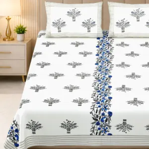 Blue vine double bedsheet 100x108 wholesale Jaipur – Neela Bel Border premium cotton double bedsheet 100x108 with 2 pillow covers – blue and grey – Jaipur wholesale