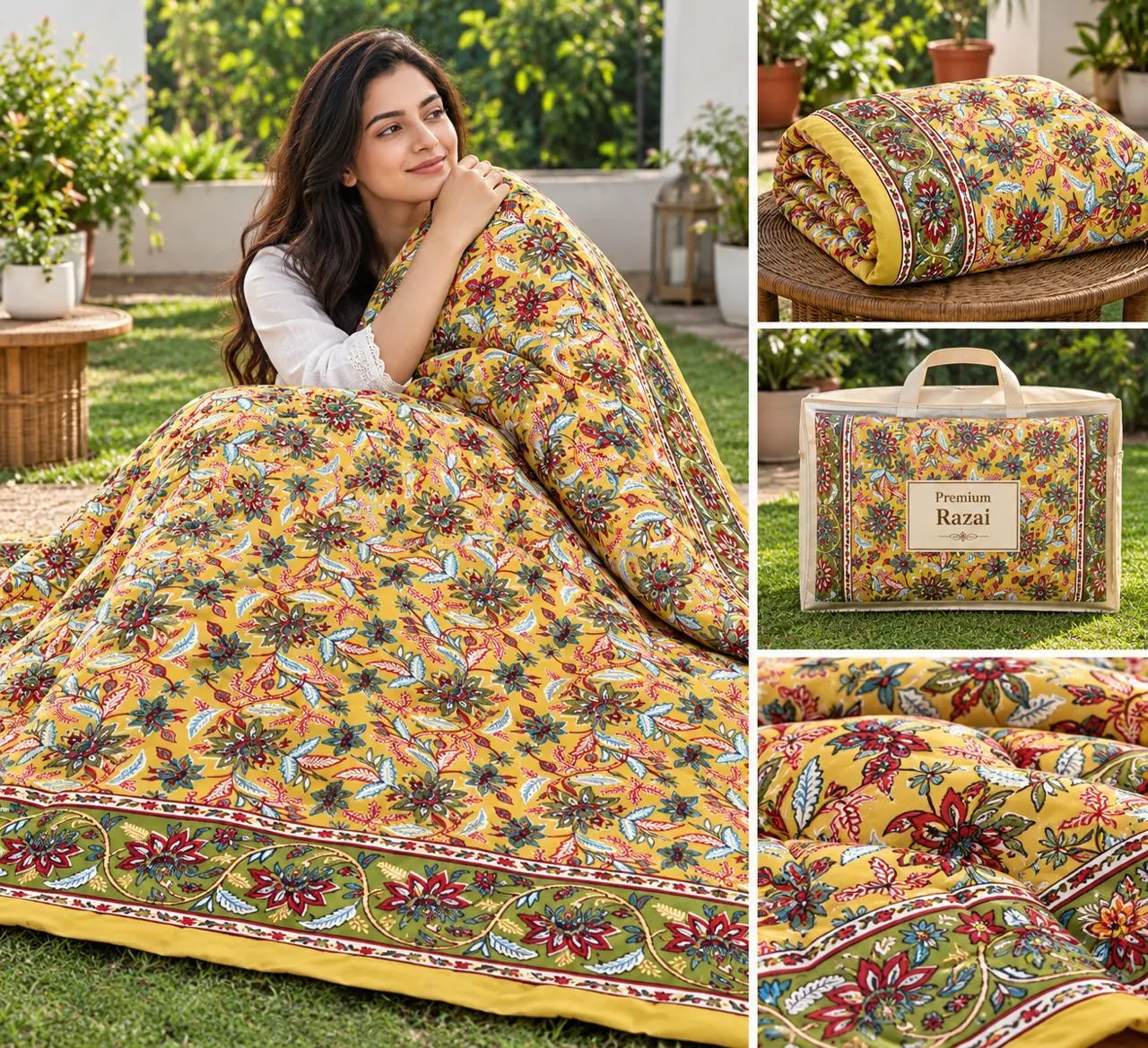 Mustard Floral Garden Jaipuri razai wholesale Jaipur – Mustard Floral Garden mulmul cotton quilt, reversible – Jal Mahal collection