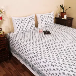 Palm hand block bedsheet 95x108 95x108 wholesale Jaipur – Khajoor Jaal hand block printed double bedsheet 95x108 with 2 pillow covers – charcoal grey – Jaipur wholesale