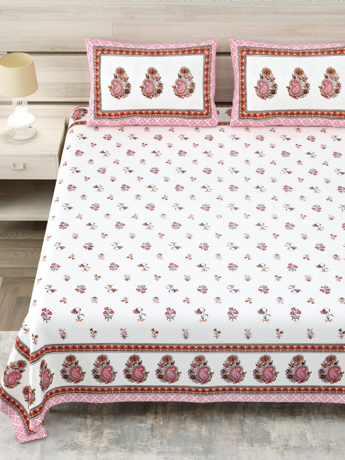 Pink Buti Kairi Border king size bedsheet 108x108 wholesale Jaipur – Sheesh Mahal collection – view 2