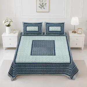 Grey double bedsheet 90x108 wholesale Jaipur – Grey Blue Centre Square printed cotton double bedsheet 90x108 wholesale Jaipur – Rangeela collection
