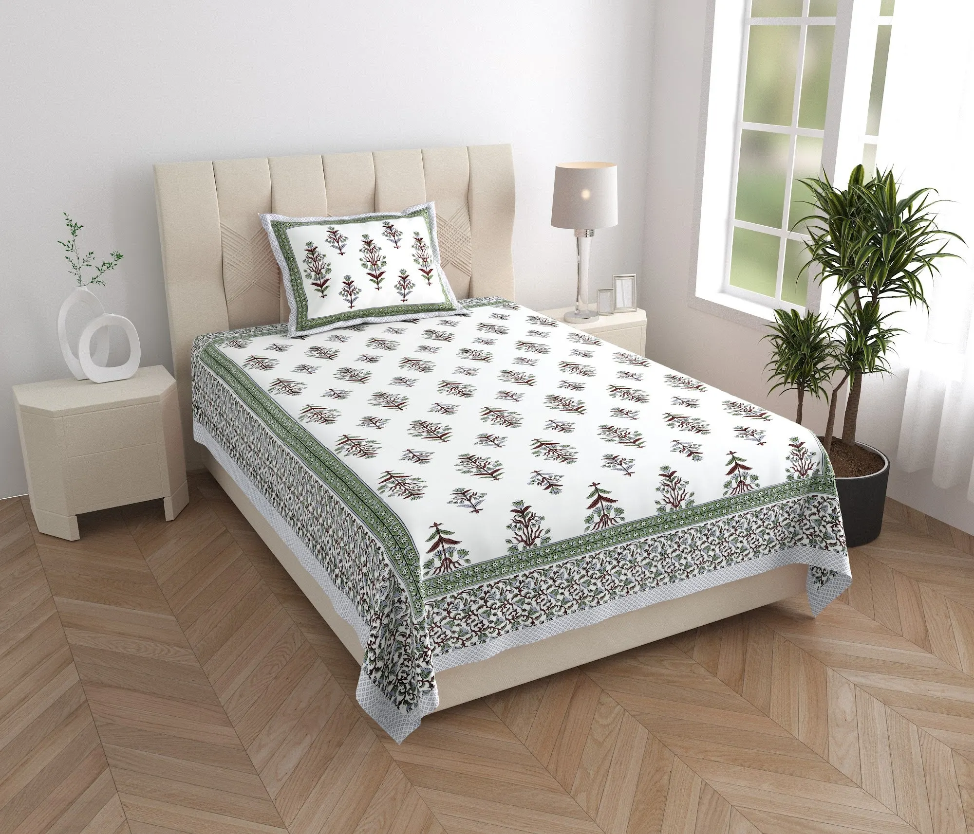 Green Border Mughal Booti single bed cotton bedsheet 60x90 with pillow cover – green – Jaipur wholesale – image 5