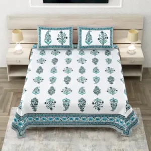 Teal Floral Buta Super King Cotton Bedsheet 108x108 with 2 Pillow Covers (Sheesh Mahal)
