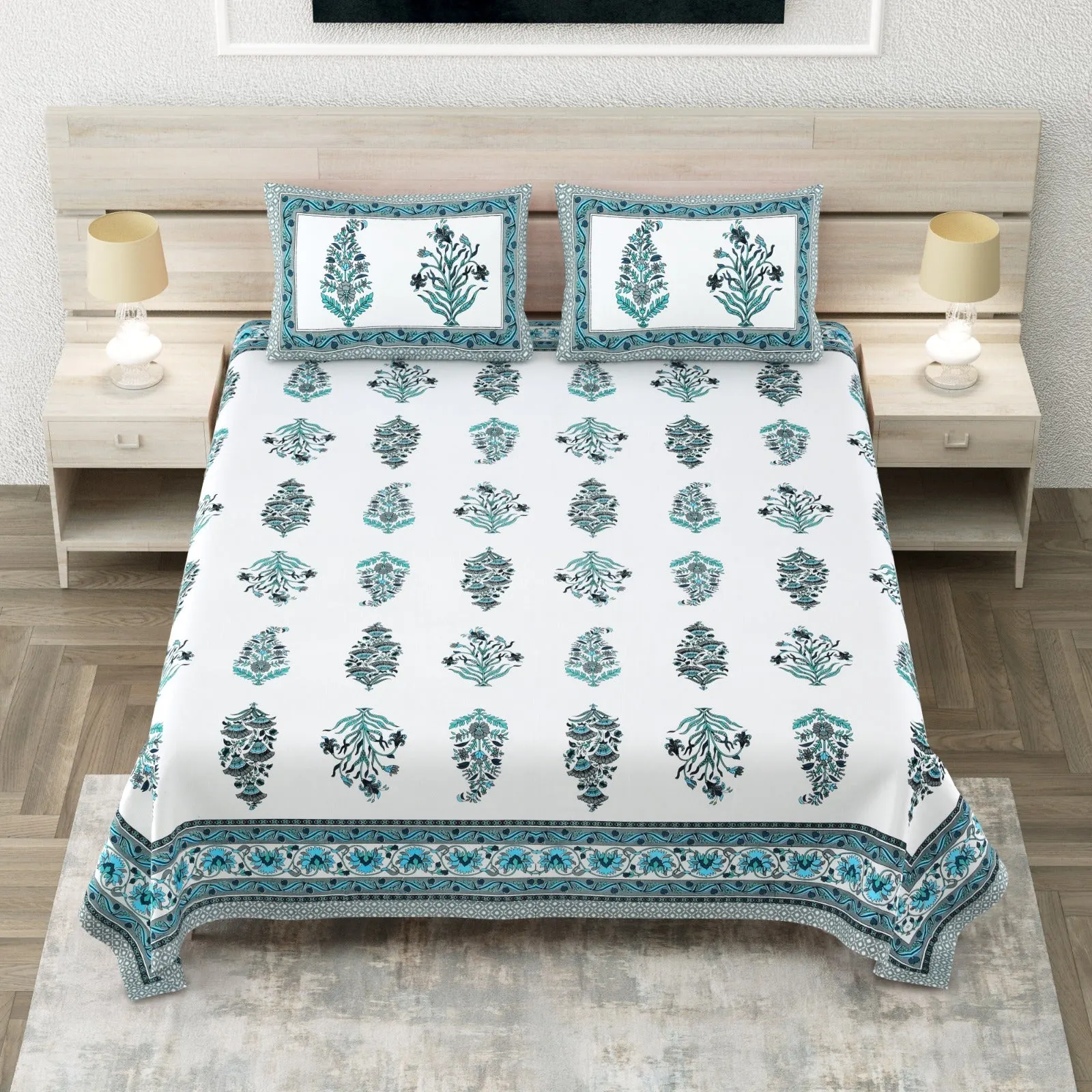 Teal floral king size bedsheet 108x108 wholesale Jaipur – Teal Floral Buta king size bedsheet 108x108 wholesale Jaipur – Sheesh Mahal collection