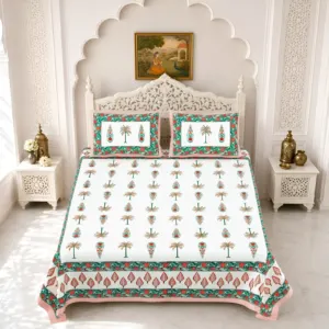Green Pink Palm Tree Cotton Double Bedsheet 90x108 with 2 Pillow Covers (Gulmohar)