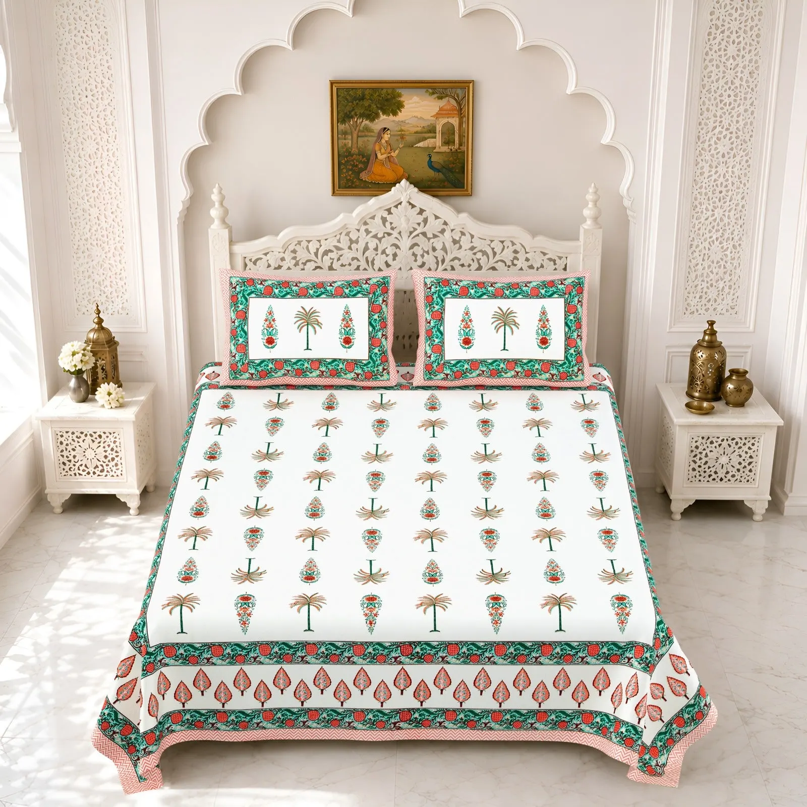 Green palm double bedsheet 90x108 wholesale Jaipur – Green Pink Palm Tree double bedsheet 90x108 wholesale Jaipur – Gulmohar collection