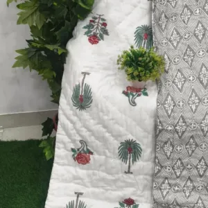 White Pink Tree Jaipuri razai wholesale Jaipur – White Pink Tree Buta Grey Reverse mulmul cotton quilt, reversible – Jal Mahal collection