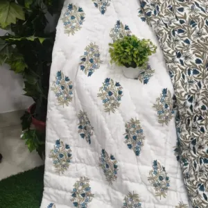White Grey Buta Jaipuri razai wholesale Jaipur – White Grey Buta Indigo Reverse mulmul cotton quilt, reversible – Jal Mahal collection