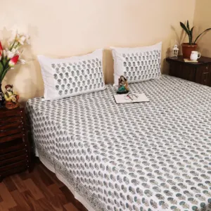 Sage Patti Booti Hand Block Printed Double Bedsheet 95x108 with 2 Pillow Covers (Rajwada)