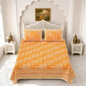 Orange Check Cotton Double Bedsheet 90x108 with 2 Pillow Covers (Gulmohar)