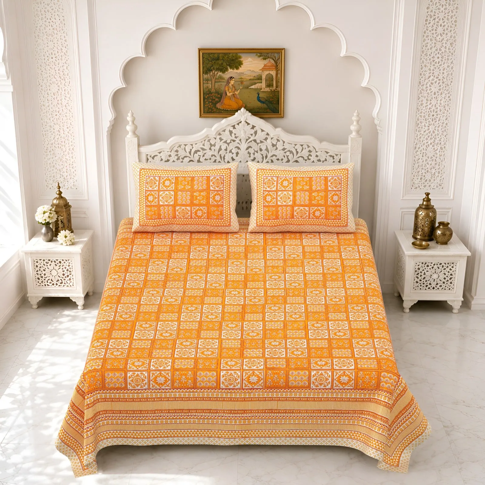 Orange Check double bedsheet 90x108 wholesale Jaipur – Gulmohar collection
