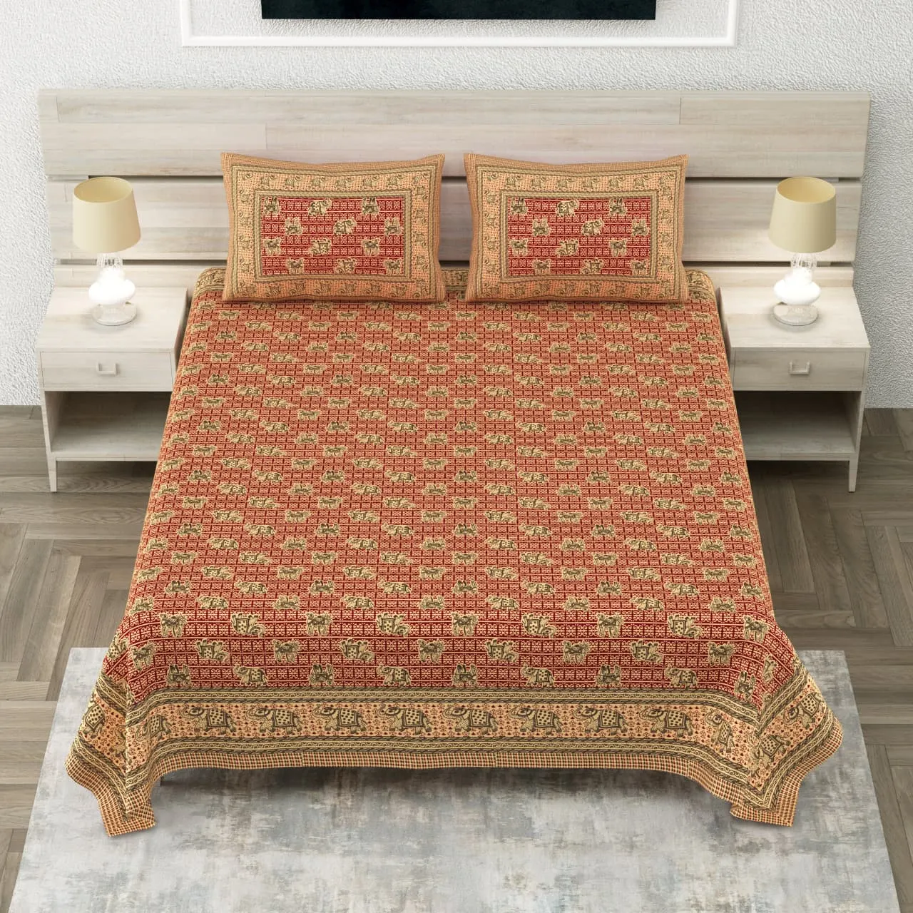 Orange jaal sanganeri double bedsheet 90x108 wholesale Jaipur – Orange Red Bagru Jaal double bedsheet 90x108 wholesale Jaipur – Sanganer Heritage collection