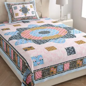 Pink patchwork single bedsheet 60x90 wholesale Jaipur – Pink Blue Patchwork Mandala single bed cotton bedsheet 60x90 with pillow cover – pink and blue – Jaipur wholesale