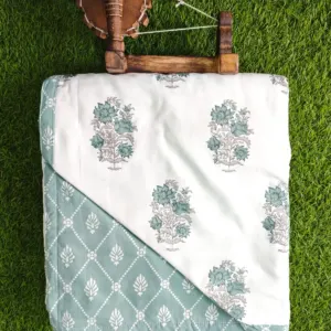 Sea floral double dohar 90x100 wholesale Jaipur – Sea Green Floral Buta reversible double bed dohar 90x100 wholesale Jaipur – Barkha collection