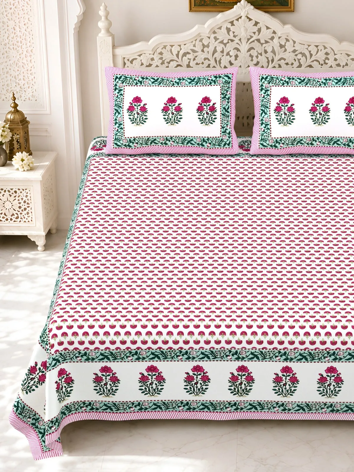 Pink Tulip Border double bedsheet 90x108 wholesale Jaipur – Gulmohar collection – view 2