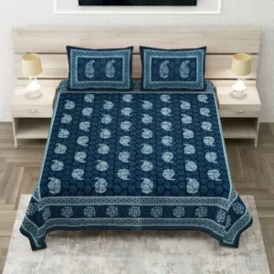 Indigo Paisley Kairi Sanganeri Print Pure Cotton Double Bedsheet 90x108 (Sanganer Heritage)