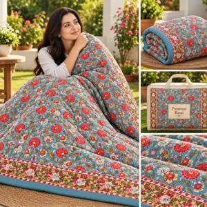 Steel Blue Red Jaipuri razai wholesale Jaipur – Steel Blue Red Rose mulmul cotton quilt, reversible – Jal Mahal collection