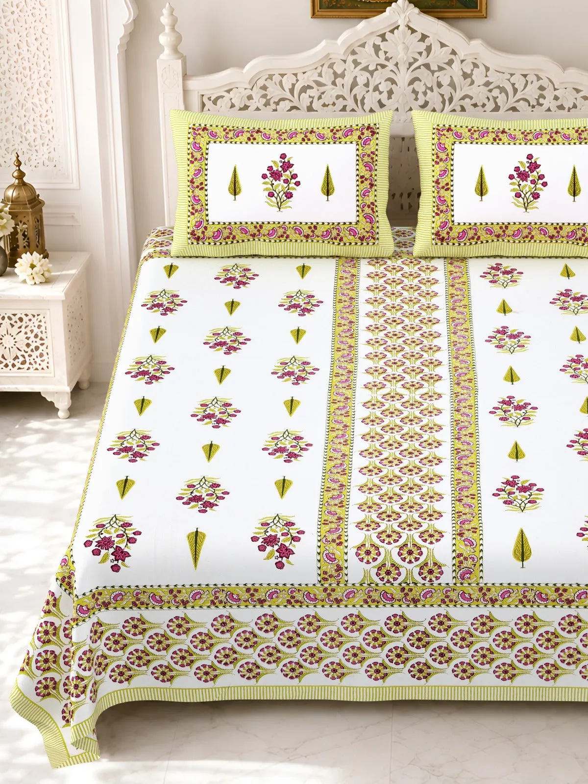 Beige Panel Floral double bedsheet 90x108 wholesale Jaipur – Gulmohar collection – view 2