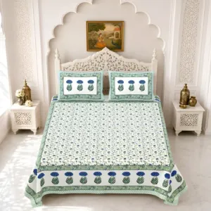Blue tulip double bedsheet 90x108 wholesale Jaipur – Blue Tulip Border double bedsheet 90x108 wholesale Jaipur – Gulmohar collection