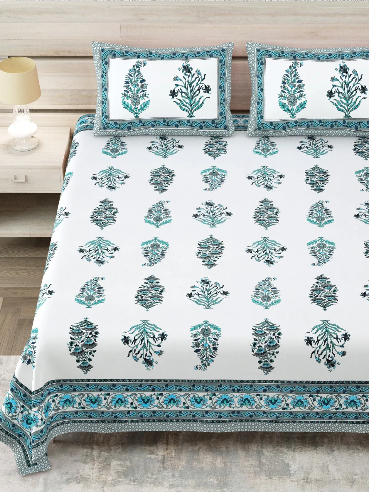 Teal Floral Buta king size bedsheet 108x108 wholesale Jaipur – Sheesh Mahal collection – view 2