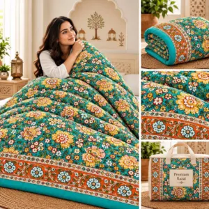 Emerald Green Rose Jaipuri razai wholesale Jaipur – Emerald Green Rose mulmul cotton quilt, reversible – Jal Mahal collection