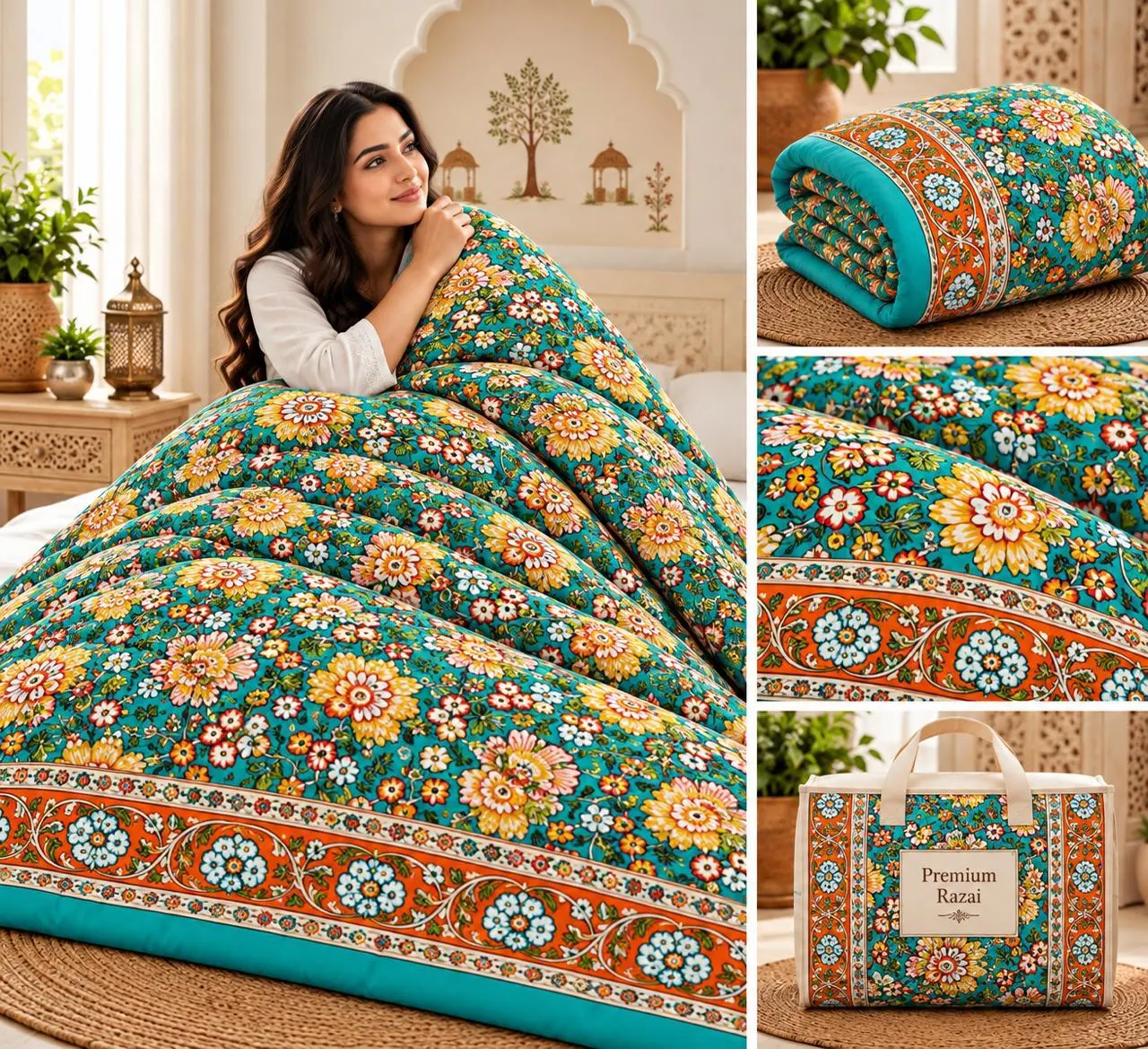 Emerald Green Rose Jaipuri razai wholesale Jaipur – Emerald Green Rose mulmul cotton quilt, reversible – Jal Mahal collection